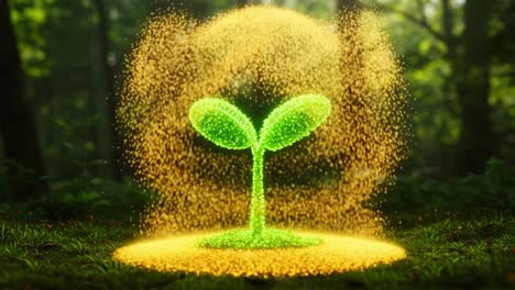 digital animation showcases the birth of a plant sprouting from glowing soil in an enchanted forest setting