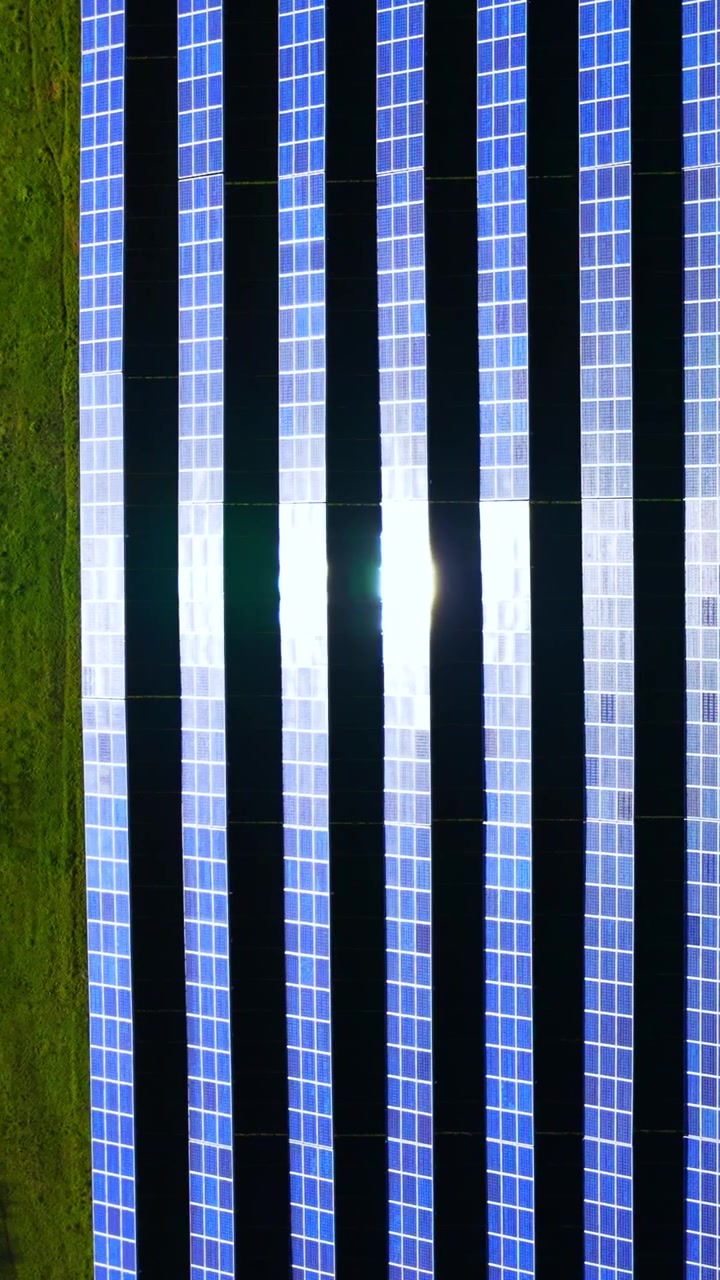 Video verticale: Texture dall'alto di file di pannelli solari con un forte bagliore. Strisce verticali di moduli blu scuro si alternano a riflessi solari e bordi erbosi.