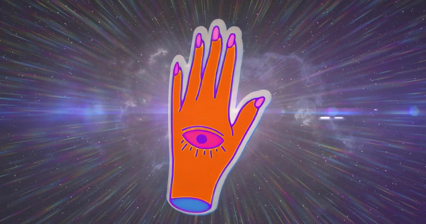Strisce di stelle convergenti che fanno apparire un guanto rosso che si dissolve, pulsando e ondeggiando, evidenziando un tema cosmico.
