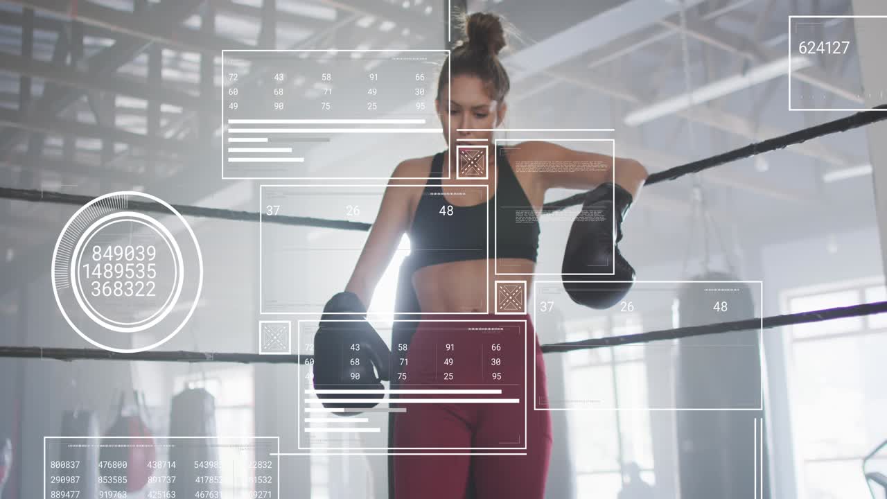 Female boxer leaning on ropes adjusting gloves while HUD data appearing on hands preparing fitness