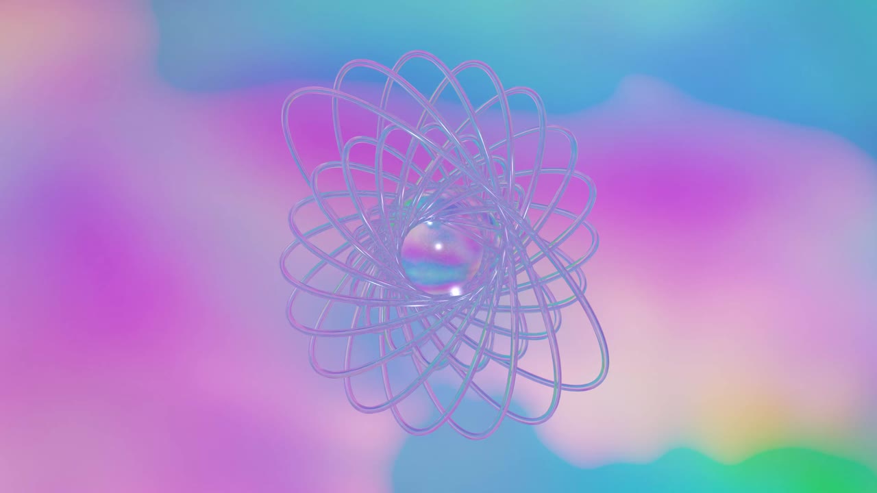 Abstract glass sphere with rotating rings suspended within a flowing spectrum vaporwave gradient