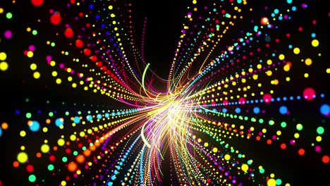 abstract 3d loop background with glowing particles lined up in a row along curved lines in 3d space. festive vj loop with multicolored particles and smooth animated camera. motion design background.