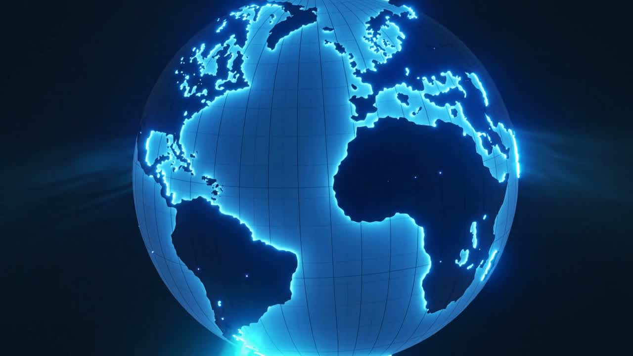 Začínající s Amerikami v popředí, otáčející se 3D glóbus ukazující Afriku a pulzující uzly v temné prázdnotě.