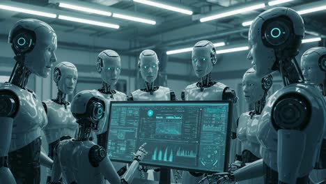 a group of advanced robots engaging in data analysis, displaying state-of-the-art technology in a futuristic setting, focused on a highly detailed screen interface