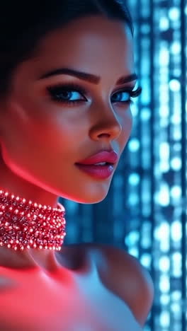 elegant jewelry in blue light. a woman poses confidently with striking jewelry against a vivid blue background, radiating elegance and sophistication.