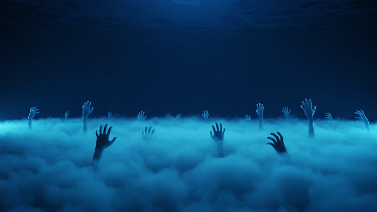 Eerie Mist and Outstretched Hands: A Haunting Scene of Struggle and Desperation Below the Surface Shrouded in Blue Fog Captured in Two Striking Frames