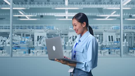 side view of an asian female professional worker standing with her laptop at factory digitalization for innovative project, typing on her laptop's keybaord with meditation