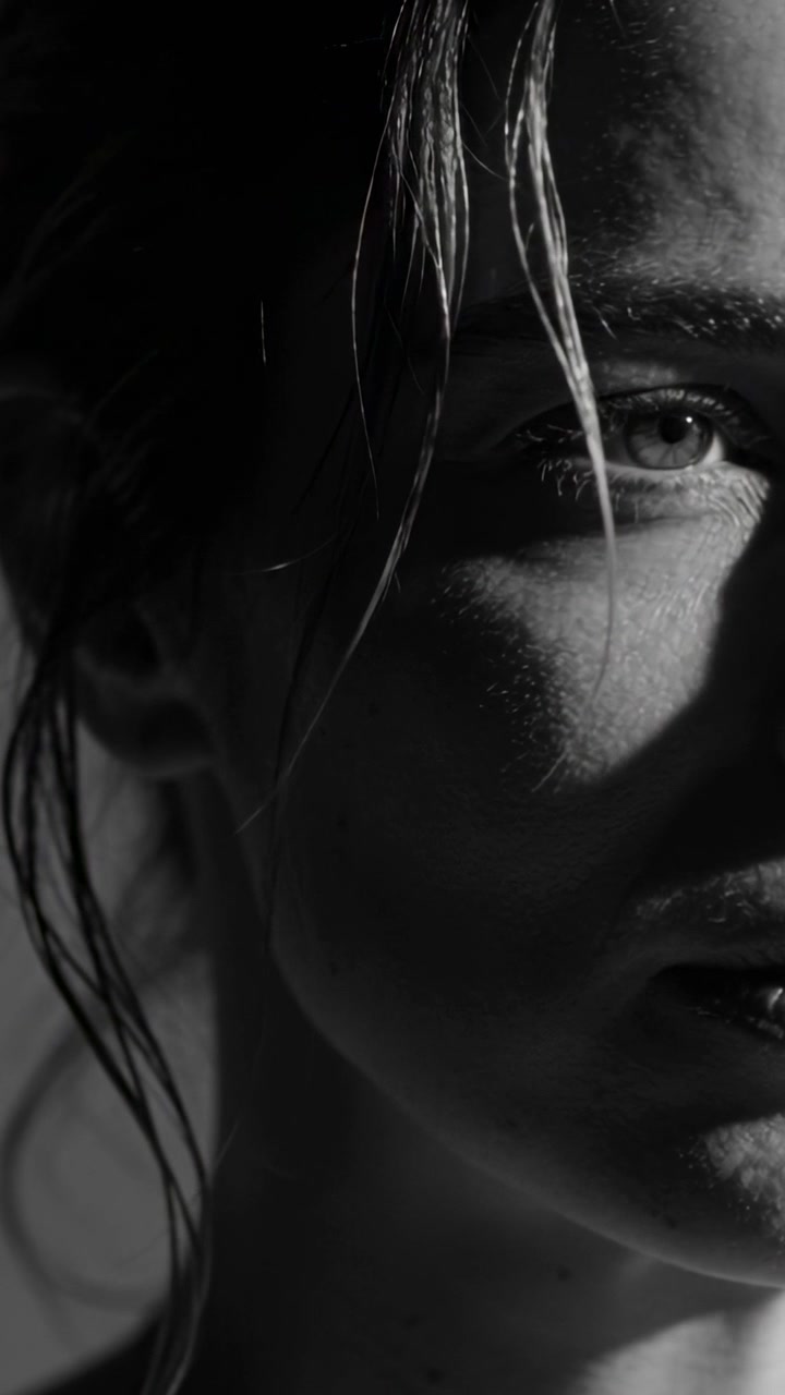 Video verticale: Donna che reagisce spostando la testa verso la luce principale dello studio, con occhi, guance, labbra e capelli bagnati in movimento.