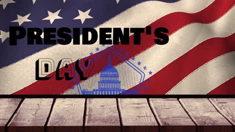 animation of president's day text and building icon over american flag