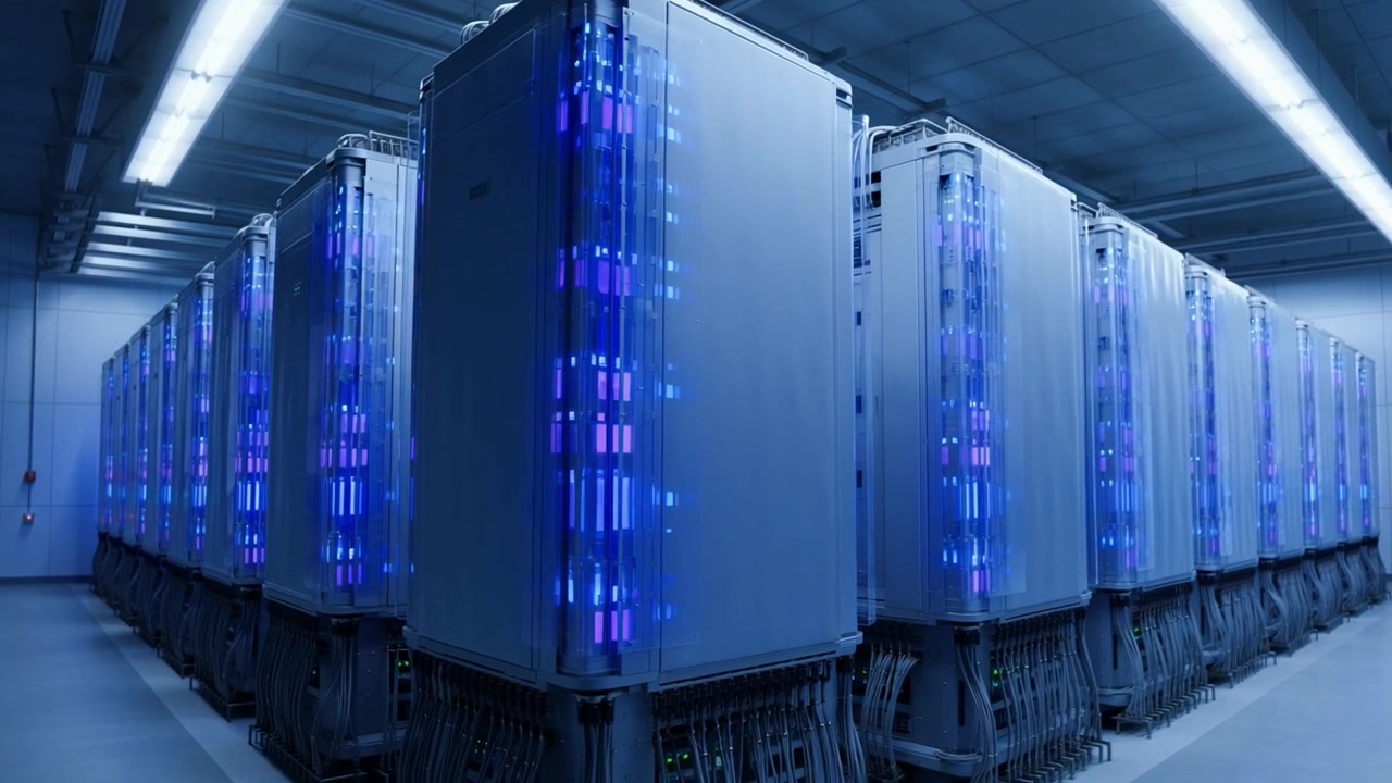 Modern Data Center with Server Racks and Glowing Blue Lights