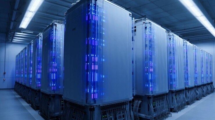 Modern Data Center with Server Racks and Glowing Blue Lights