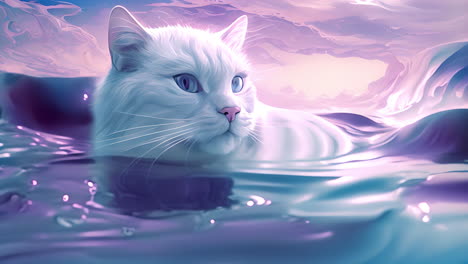 a serene white cat immersed in the water