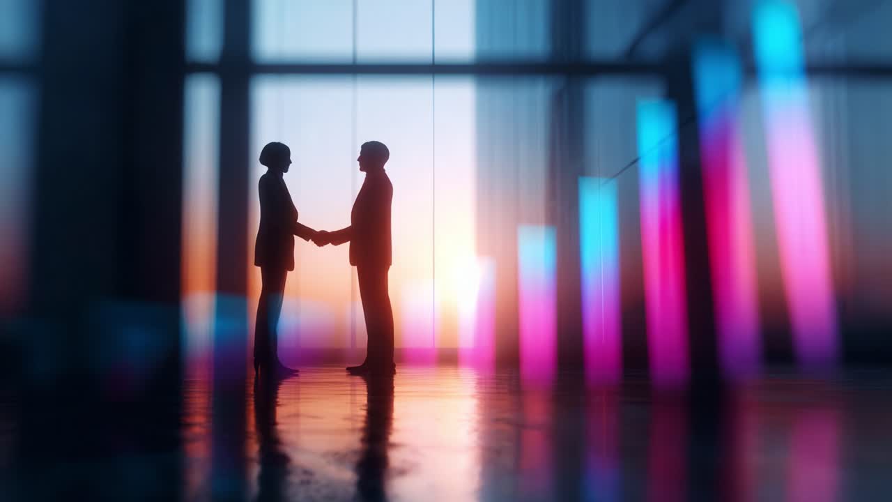 Silhouette di professionisti aziendali che si stringono la mano tra vivaci grafici a barre colorati, a simboleggiare crescita, collaborazione e successo in un moderno ambiente aziendale
