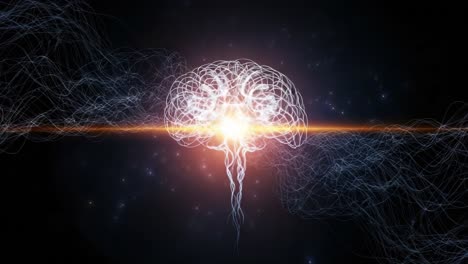 an artistic representation of the brain illuminated by energetic light and surrounded by abstract lines and particles, symbolizing human thought and consciousness