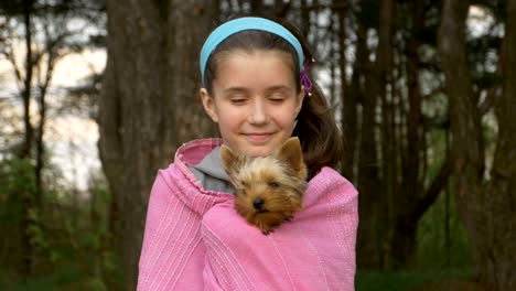 little girl hugs a puppy yorkshire terrier