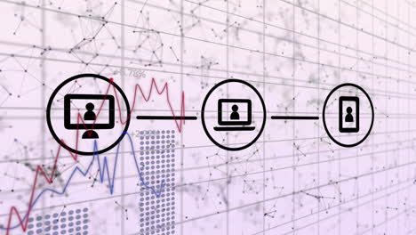 iconos digitales a través de la red de conexiones contra el procesamiento financiero en fondo blanco
