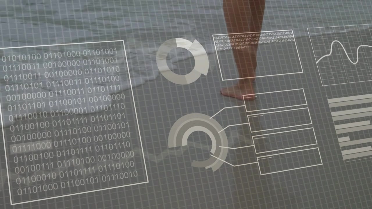 Woman walking across shoreline, stepping onto binary panel and activating charts for tech preview