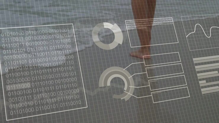 Woman walking across shoreline, stepping onto binary panel and activating charts for tech preview
