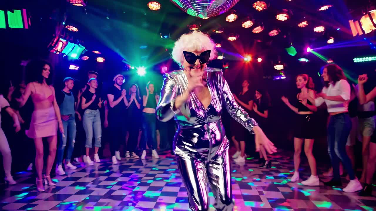 Energetic senior woman wearing a silver jumpsuit and sunglasses is dancing at the disco with young people, enjoying the nightlife and music under colorful lights