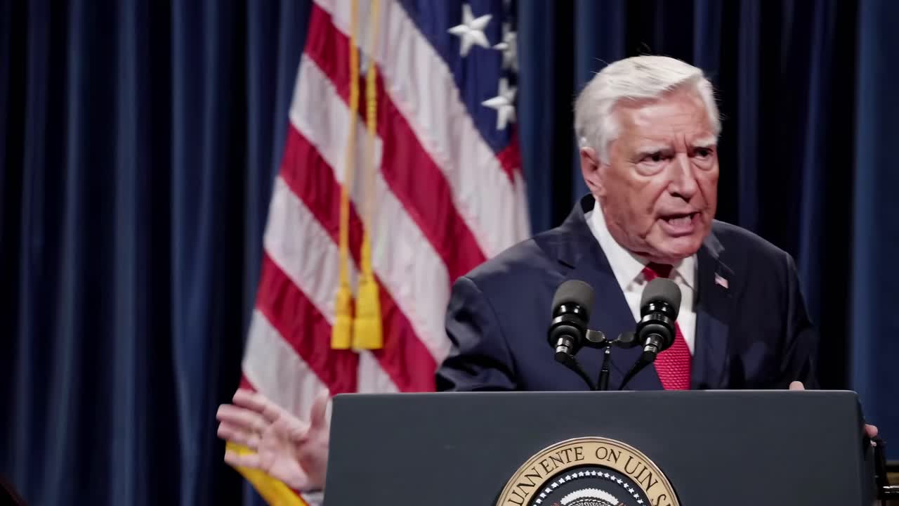 A video still shows a senior man speaking passionately at a podium with flags in the background