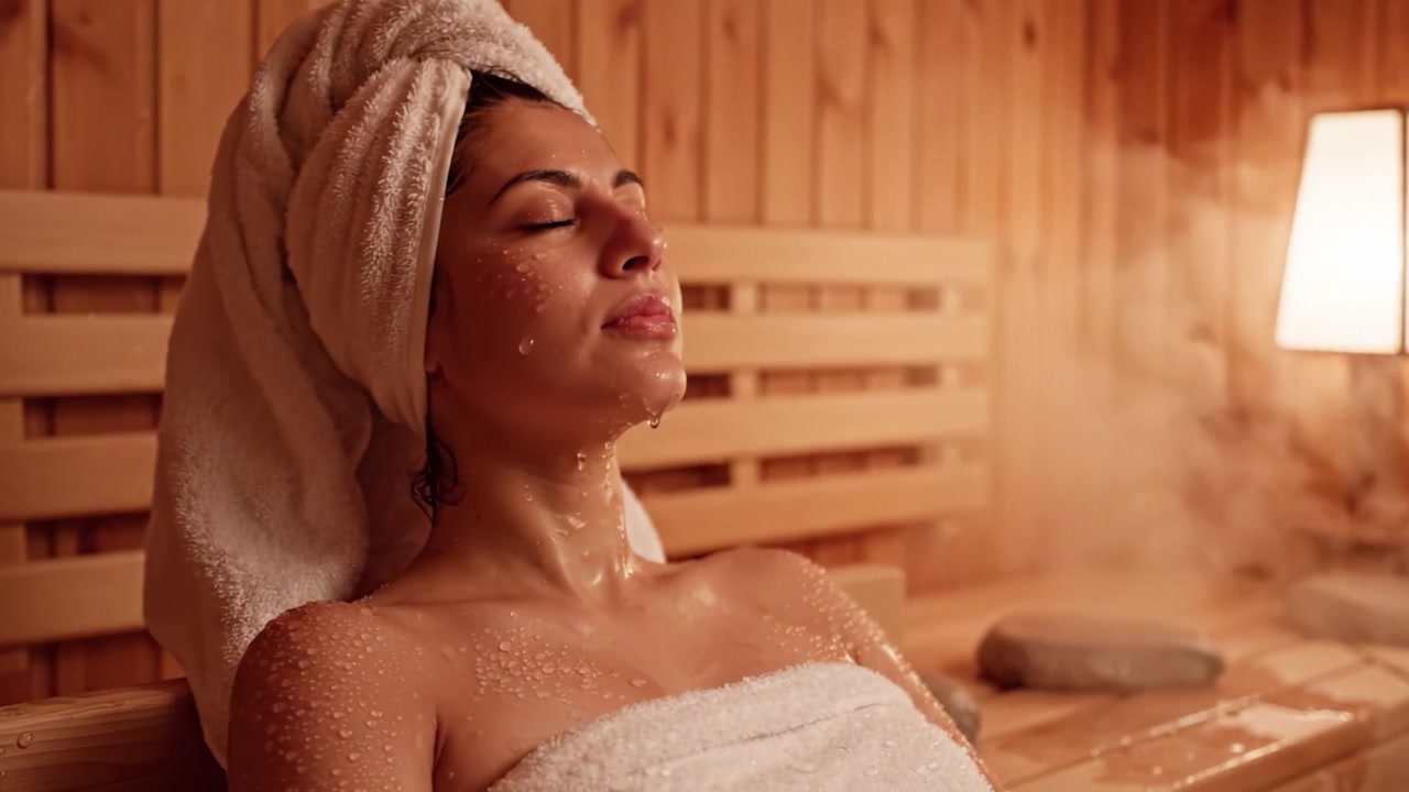 Esperienza Spa Rilassante: Una Donna Serena che si Gode l'Atmosfera Rilassante di una Sauna con Vapore Caldo e Illuminazione Soffusa per il Massimo del Coccole e del Ringiovanimento.