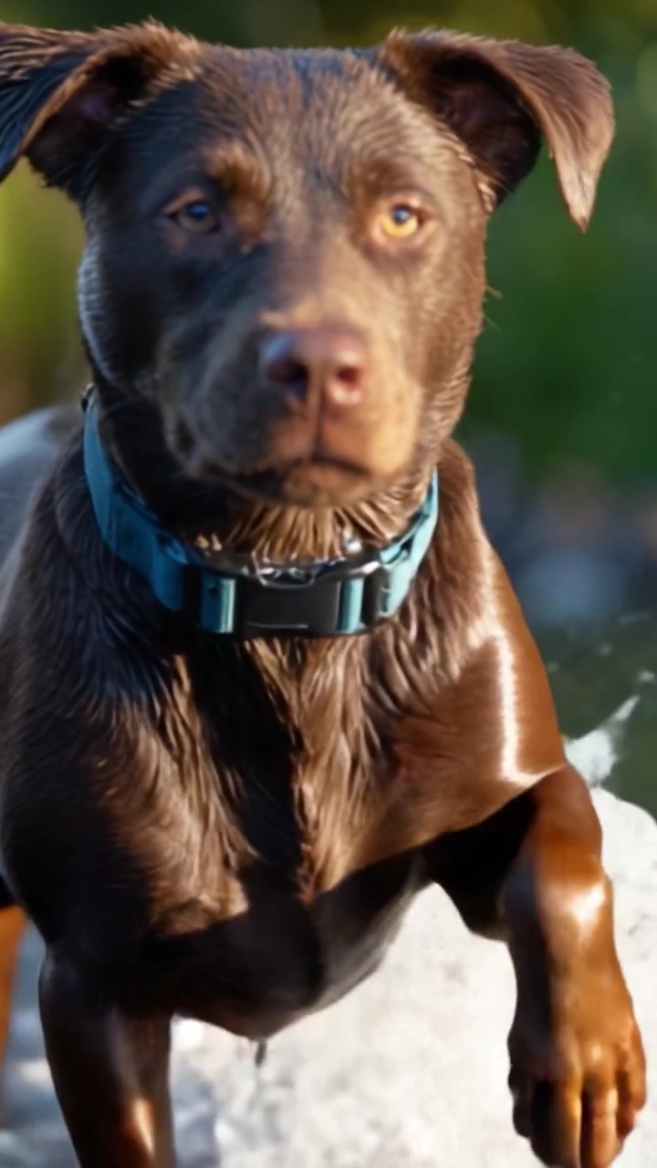 Un cane giocoso che schizza gioiosamente nell'acqua in una giornata di sole, catturando lo spirito di avventura e divertimento nel bellissimo ambiente della natura.