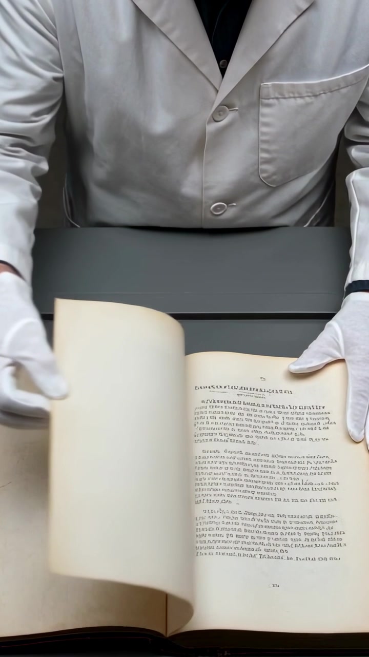 Lodret video: Kurator i frakke og handsker løfter og vender sider ved bordet efter at have hvilet hænderne for at udvise omhu.