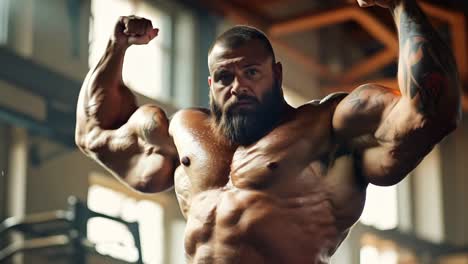 a man with a beard and tattoos on his arms flexing his muscles in a gym