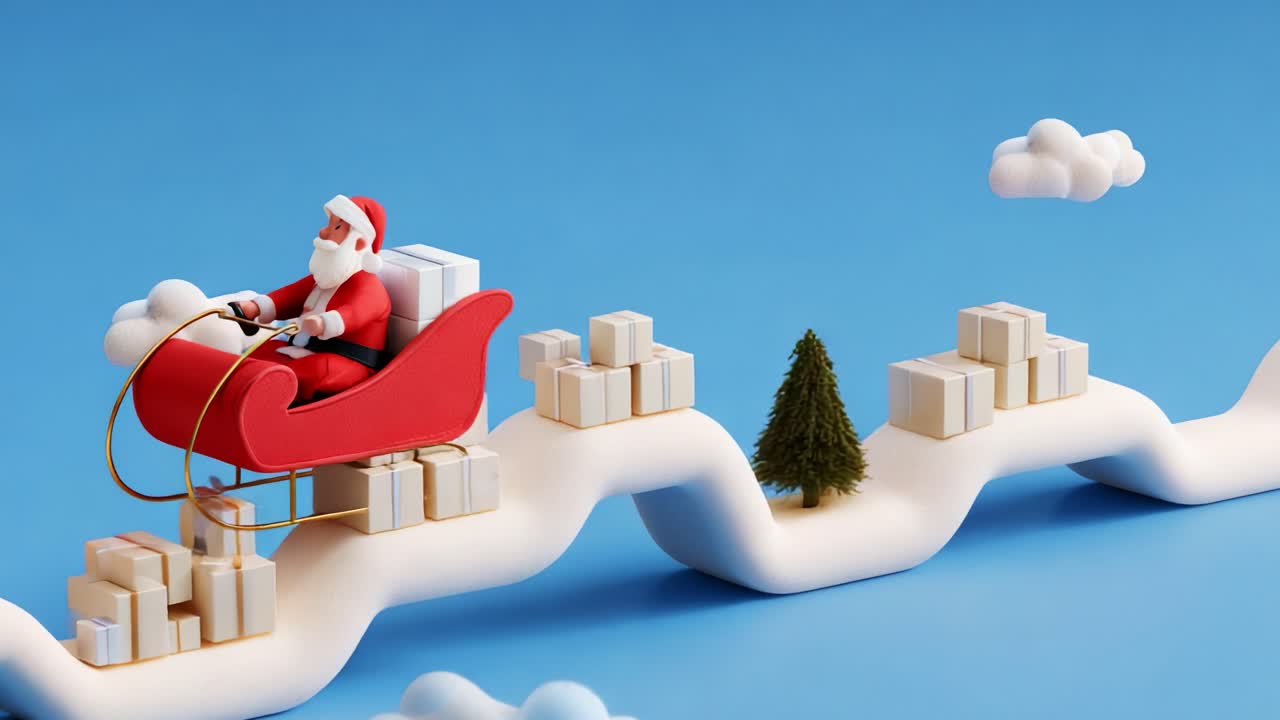 A Playful Santa Claus Riding a Sleigh Through a Whimsical Cloudy Sky, Surrounded by Gift Boxes and a Christmas Tree, Perfect for Holiday Decorations and Festive Scenes