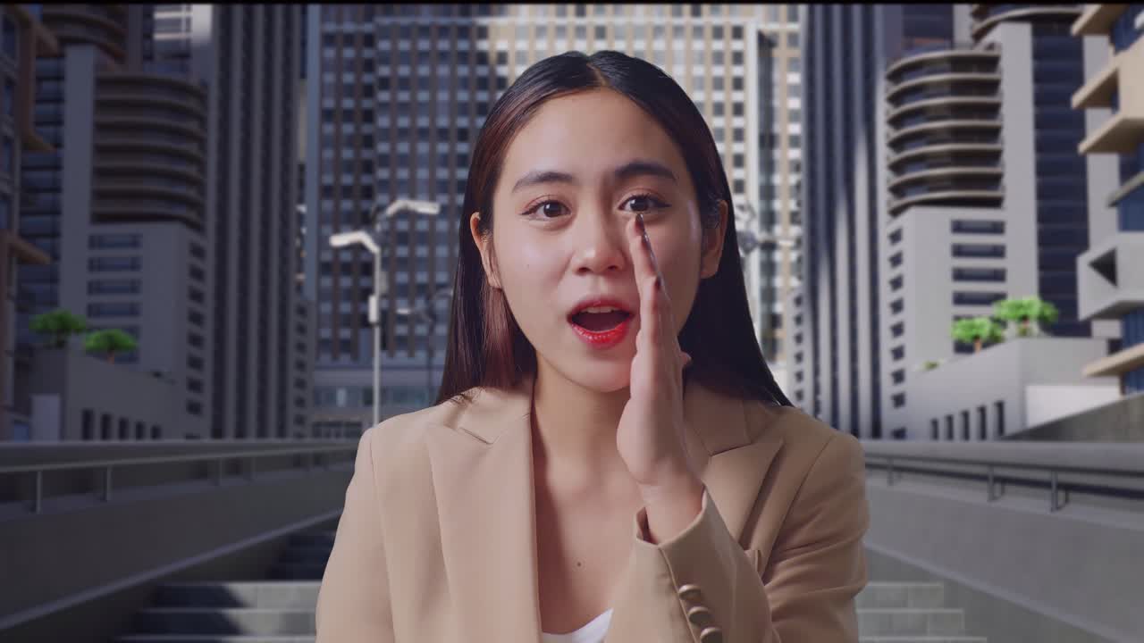 도시 배경에서 속삭이는 여자