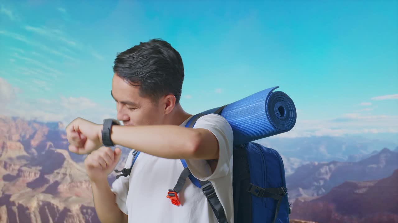 Close Up Of Asian Male Hiker With Mountaineering Backpack Enjoy Dancing While Traveling At The Top Of Mountain