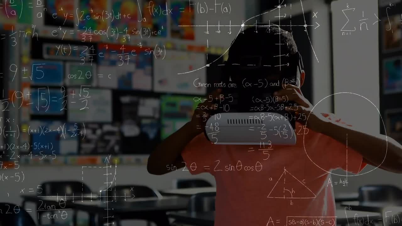 vr 헤드 ⁇ 을 사용하는 아프리카계 미국인 학교생에 대한 수학 방정식의 애니메이션