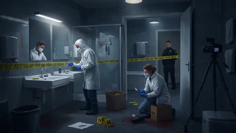 a crime scene investigation in progress: forensic experts analyze evidence in a suspicious washroom setting with police oversight