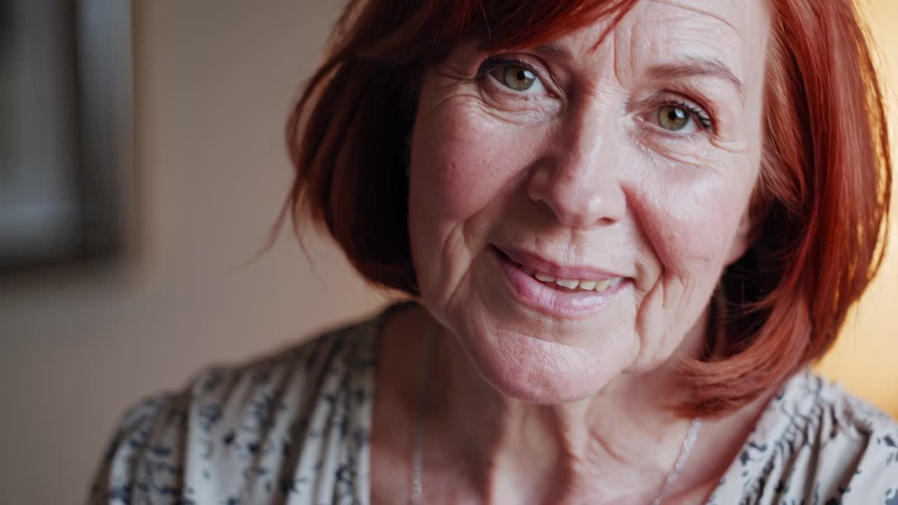 mujer mayor con cabello rojo vibrante retratando el rango emocional. cambiando de la seriedad contemplativa a la felicidad genuina mientras mantiene la conexión directa de la cámara durante la sesión de retrato íntimo
