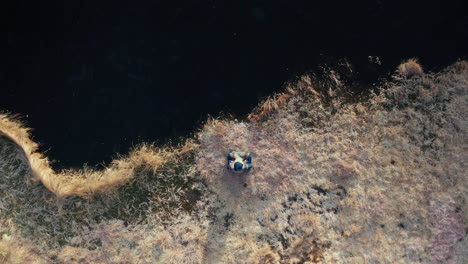 antena de arriba hacia abajo: un hombre sentado junto a un lago congelado en una pose fácil antes de un baño de hielo