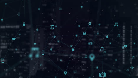 network of connections icons against cityscape