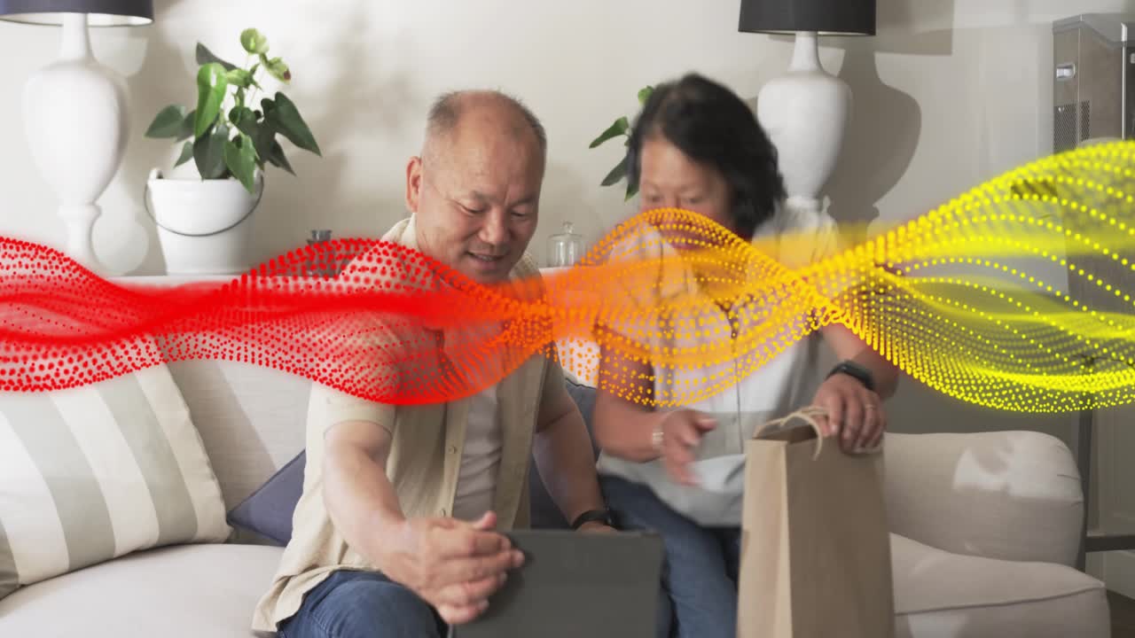Man adjusting grip, dotted waves sweeping, woman bringing bag and both examining tablet for tech
