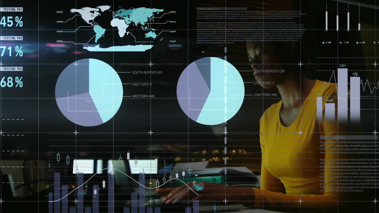 Animation of data processing over african american businesswoman using laptop in office