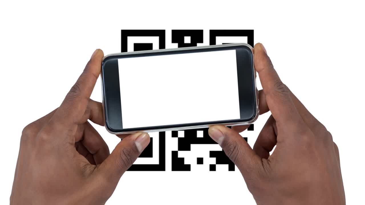 animación de un hombre escaneando un código qr con un teléfono inteligente sobre un fondo blanco