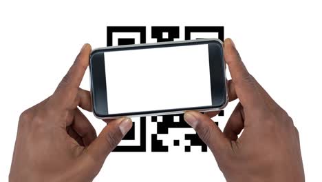 Animation-Eines-Mannes,-Der-QR-Code-Mit-Smartphone-Auf-Weißem-Hintergrund-Scannt