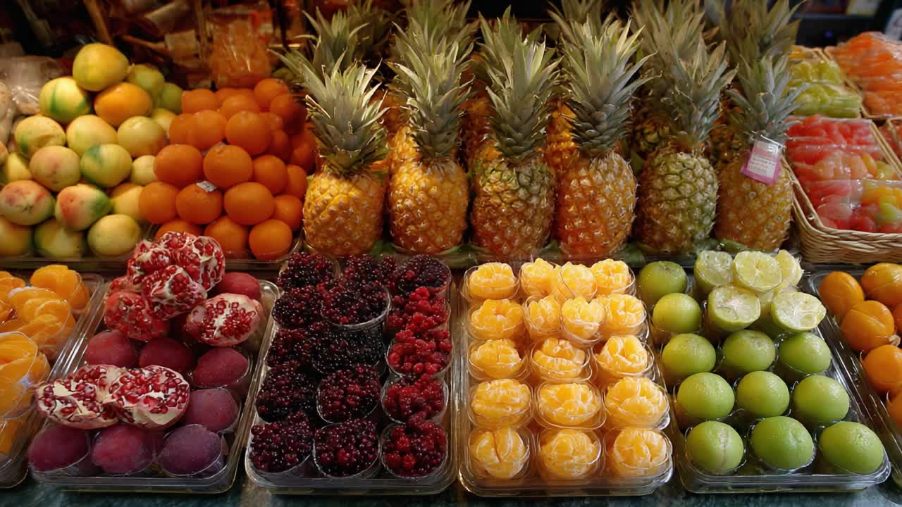 A Vibrant Display of Fresh Fruits and Colorful Desserts at a Market Stall, Showcasing Pineapples, Berries, and Sweet Treats in Abundant Variety