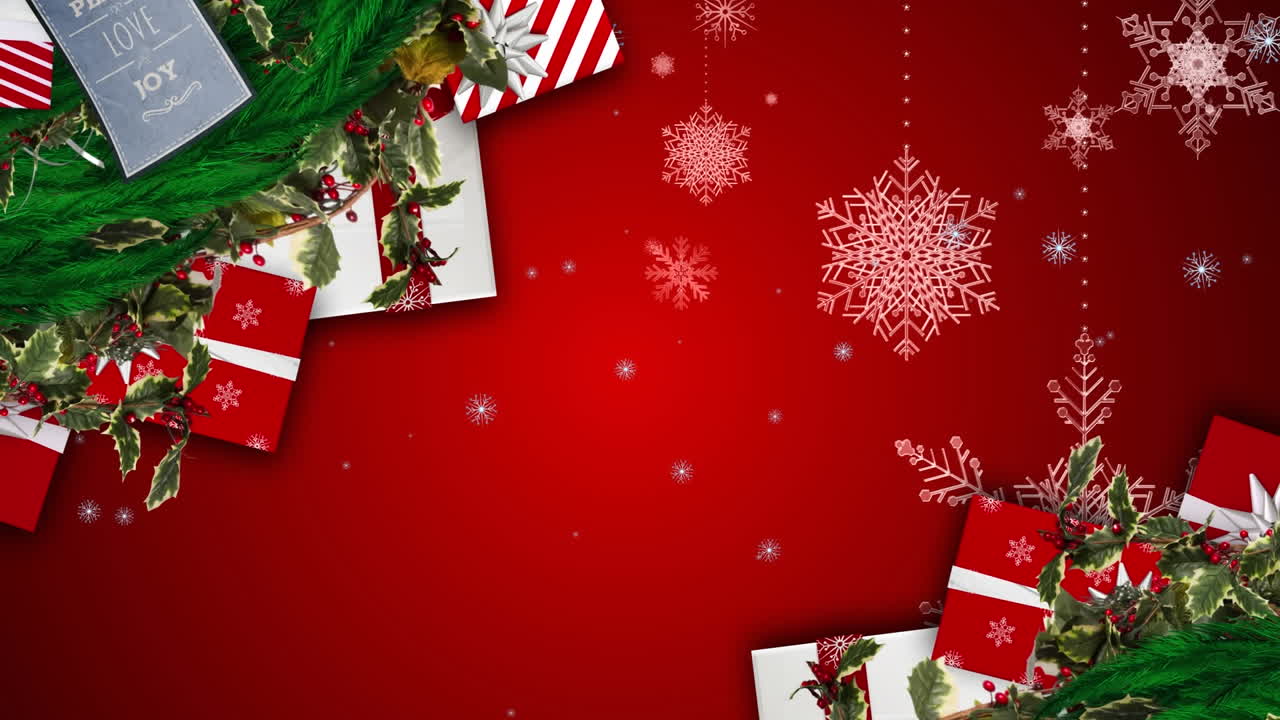 animación de la nieve cayendo sobre las decoraciones de navidad