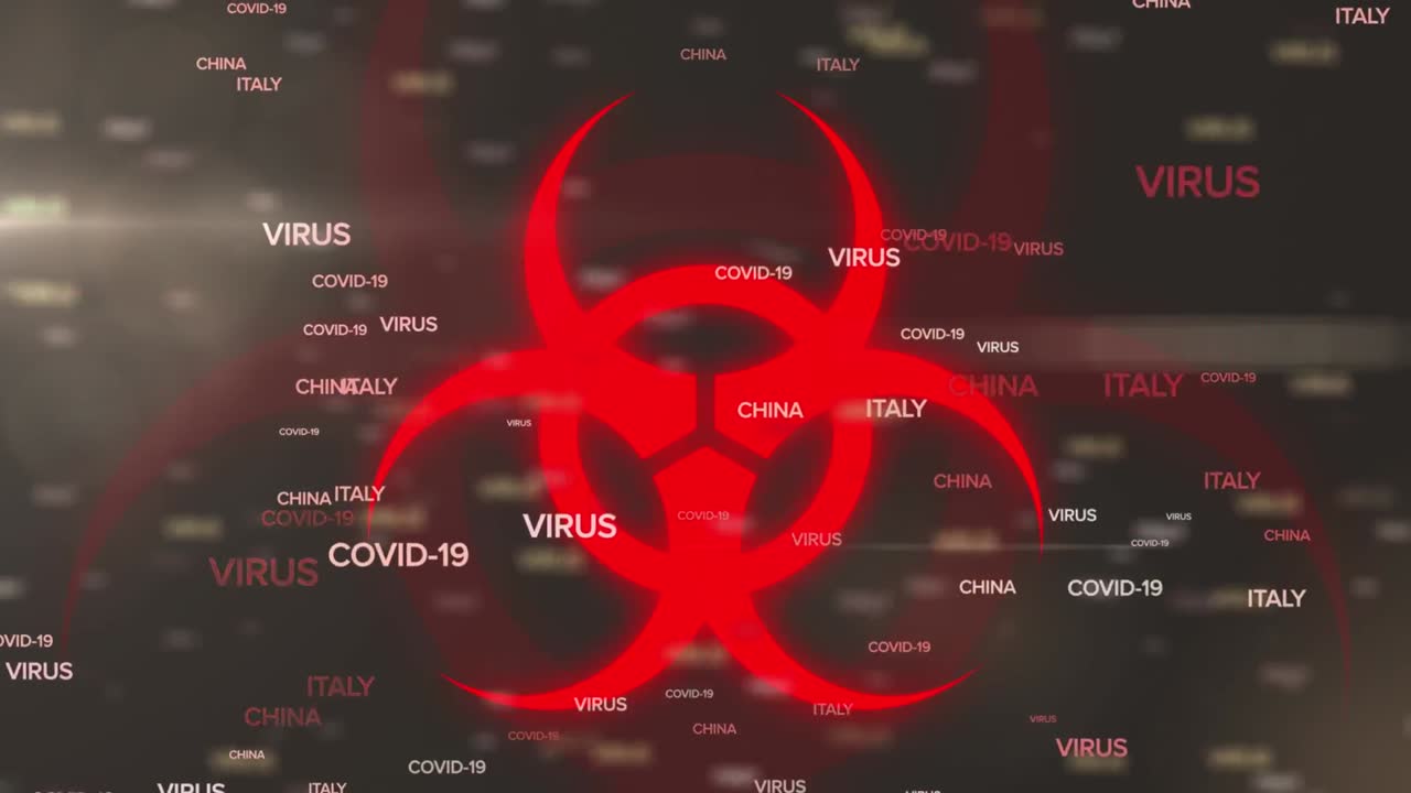 animación de una caída múltiple de texto de covid 19 sobre un signo de advertencia en fondo negro