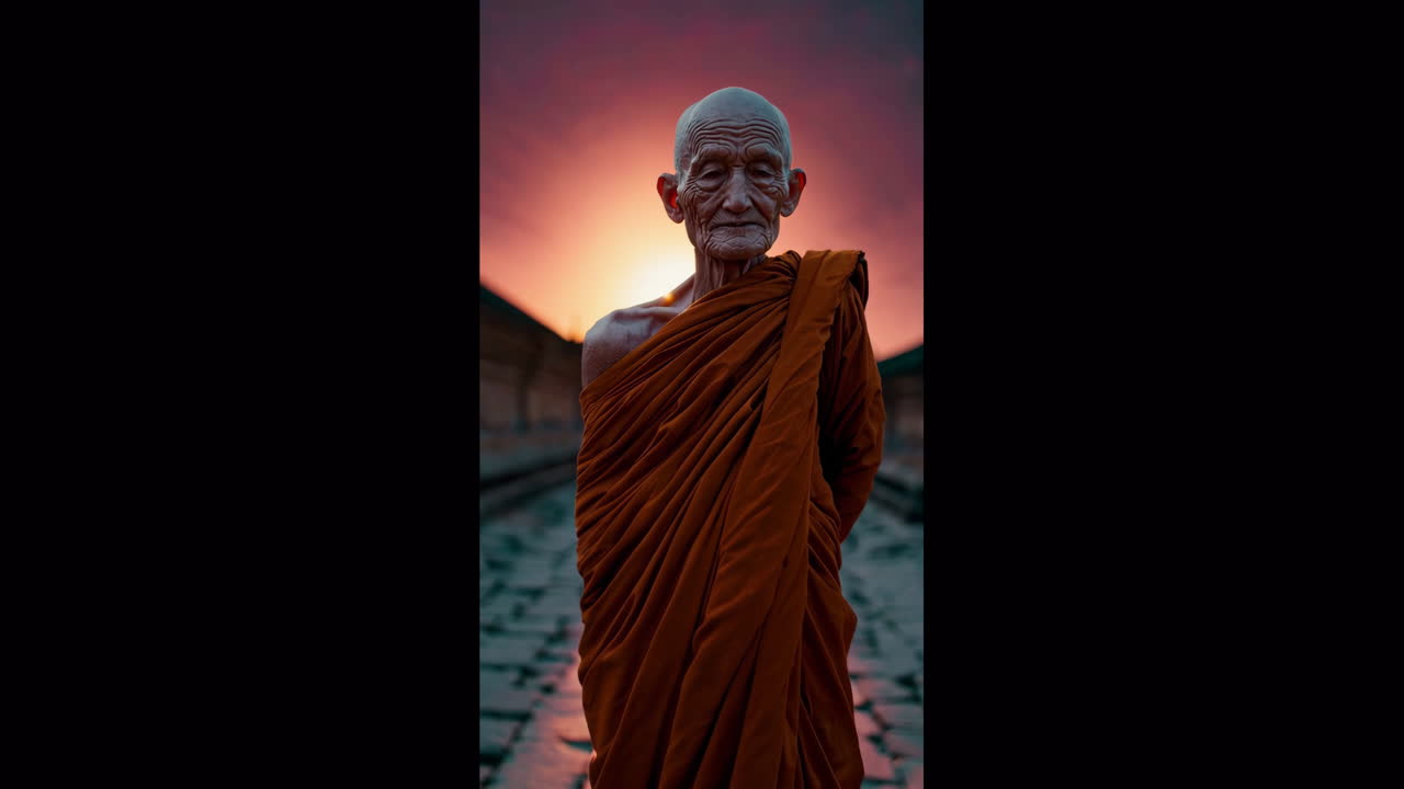 monje budista al atardecer