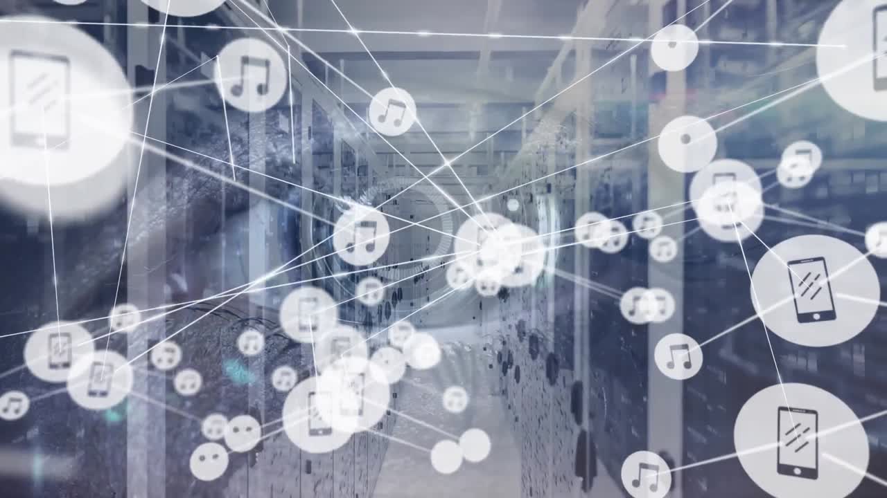 서버  ⁇ 과 데이터 처리에 대한 아이콘으로 연결 네트워크의 애니메이션