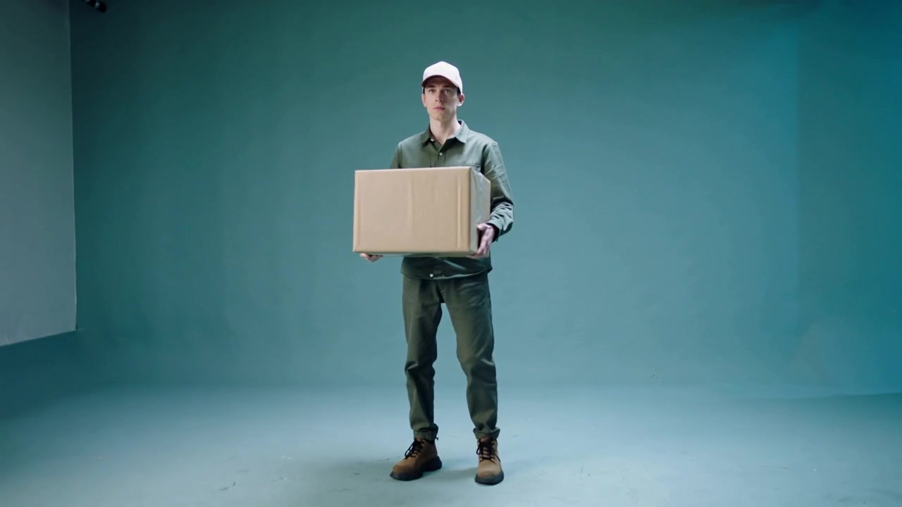 Stepping right, courier in cap and green jacket walking across teal studio, posing with box