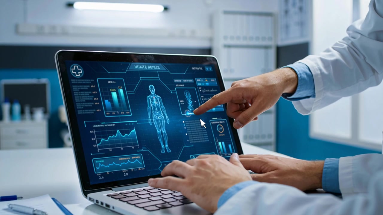 Responding to laptop dashboard doctors lab coats pointing and typing at clinic with torso schematic