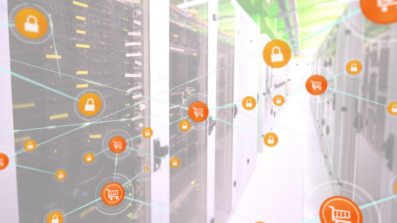 animación de la red de conexiones con iconos y procesamiento de datos a través de servidores informáticos