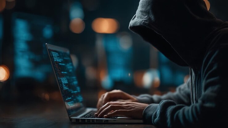 Una figura oscura impegnata nelle complessità dell'hacking, che digita su un portatile circondata da una stanza buia piena di codice informatico e un'atmosfera misteriosa.