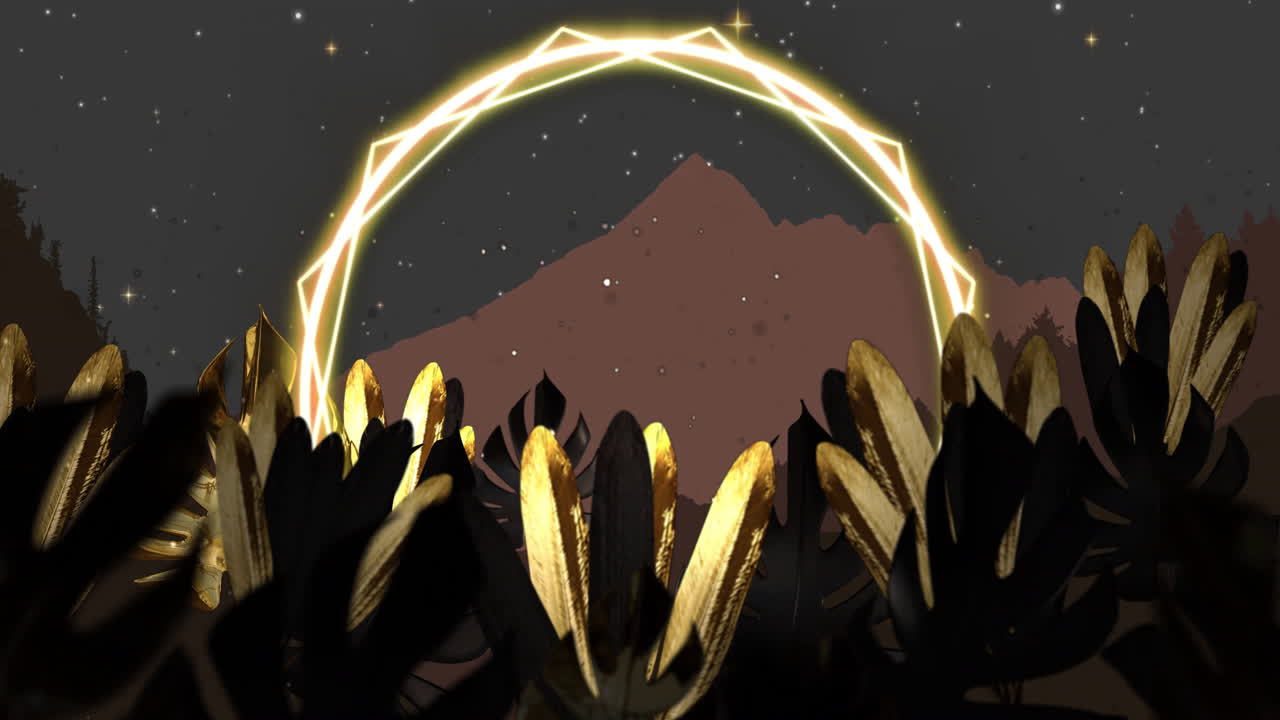 Golden glowing ring and abstract plants over mountain landscape in animation